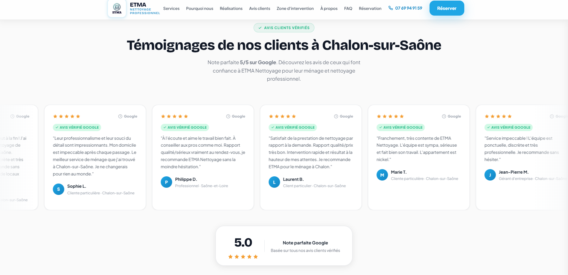 Section avis clients vérifiés Google du site ETMA
