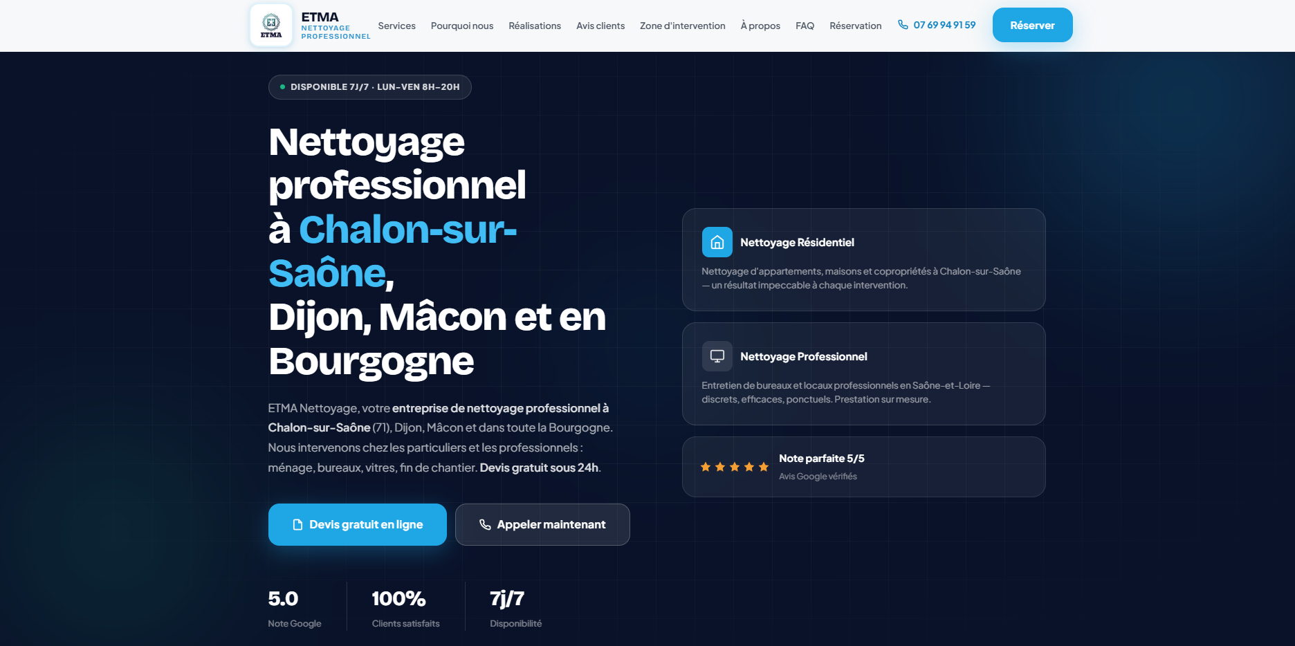 Aperçu du site ETMA Nettoyage, réalisé par Clarentis Lite